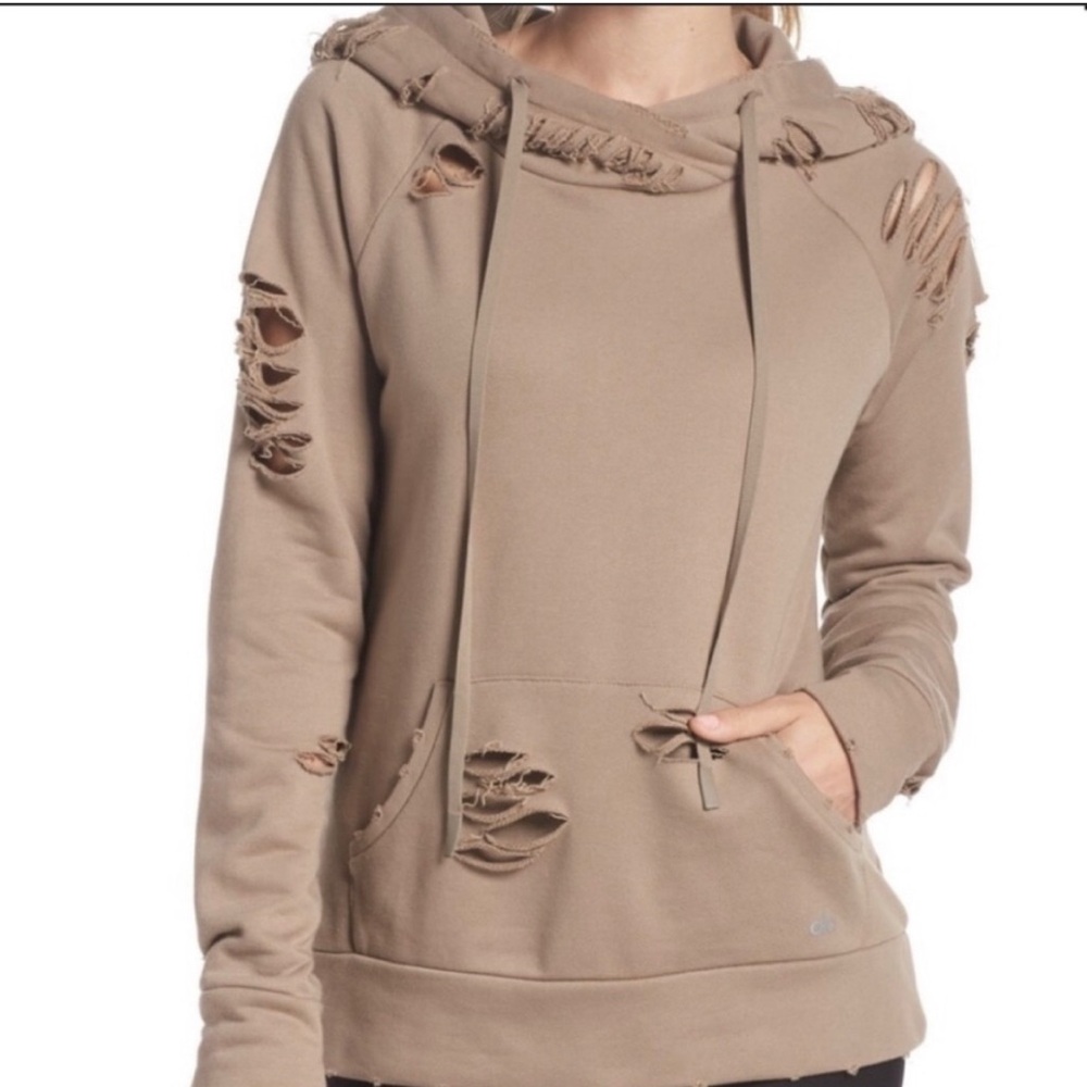 ALO 🔥Yoga Shredded Distressed Hoodie Mauve / Taupe Size Small